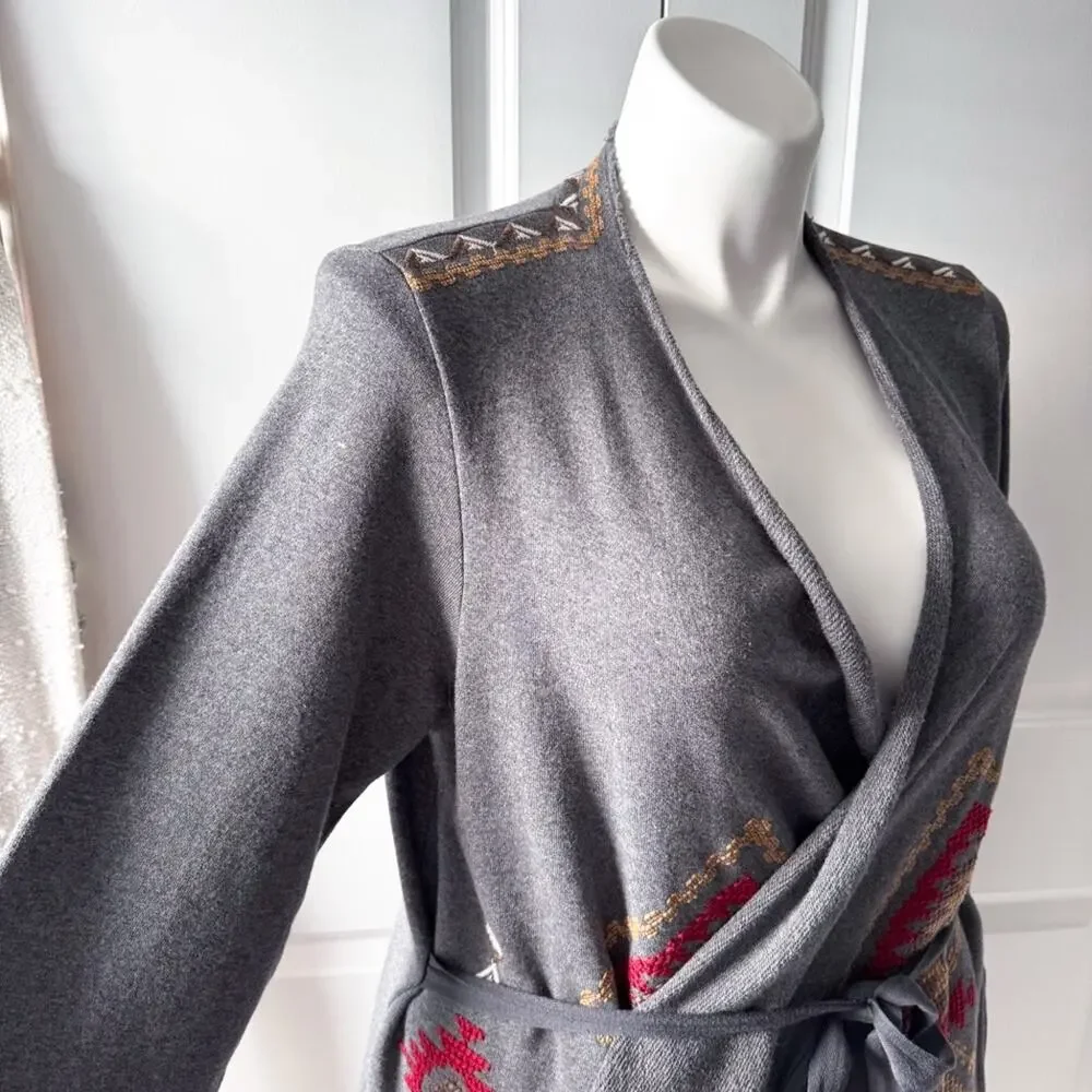 Johnny Was Grey Red Embroidered Aztec Wrap Draped Cardigan Sweater Women’s Large - Picture 3 of 9